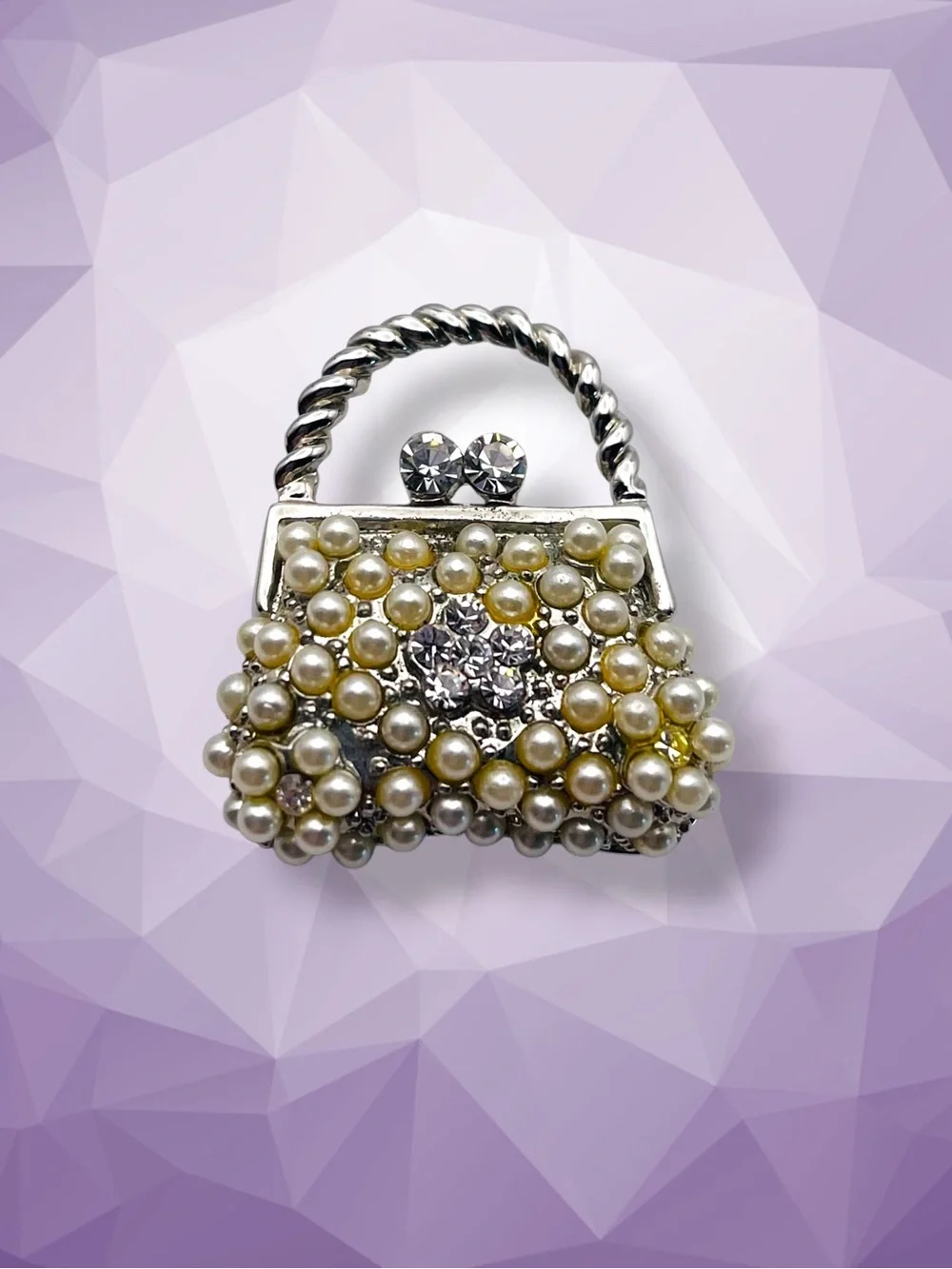 Dazzling Vintage Pearl and Rhinestone Purse Brooch Dainty Petite Estate Pc